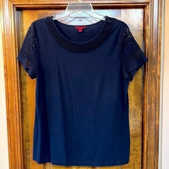 Collection Navy Blue SS Tee Crocheted Sleeves Neckline Sz L EUC - Picture 1 of 11